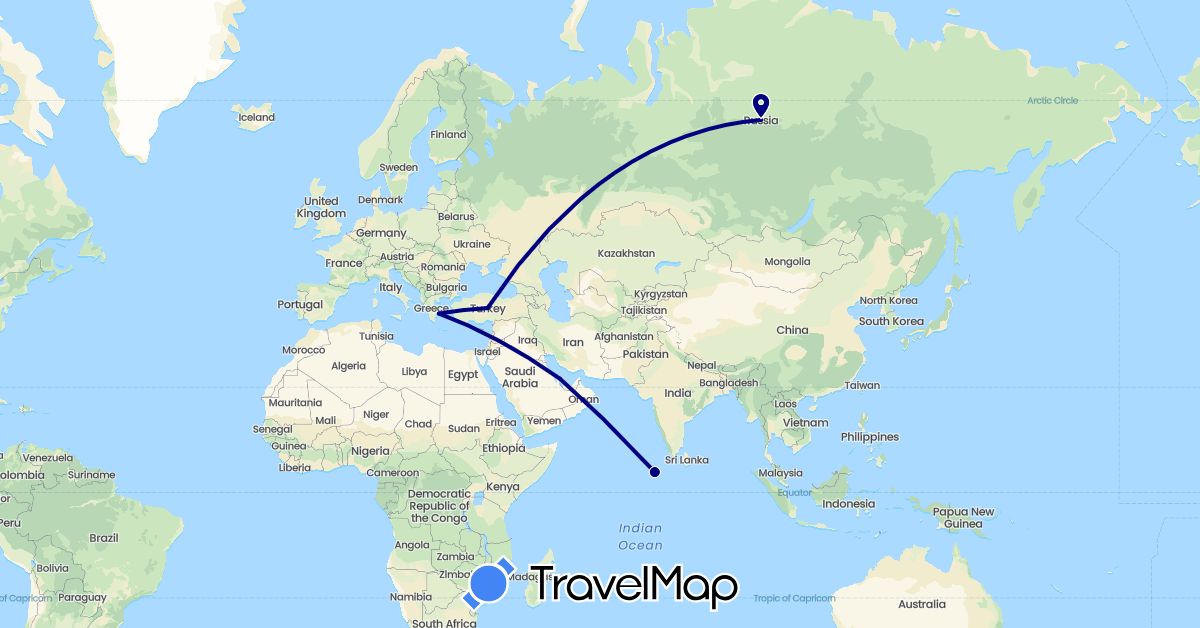 TravelMap itinerary: driving in Greece, Maldives, Qatar, Russia, Turkey (Asia, Europe)